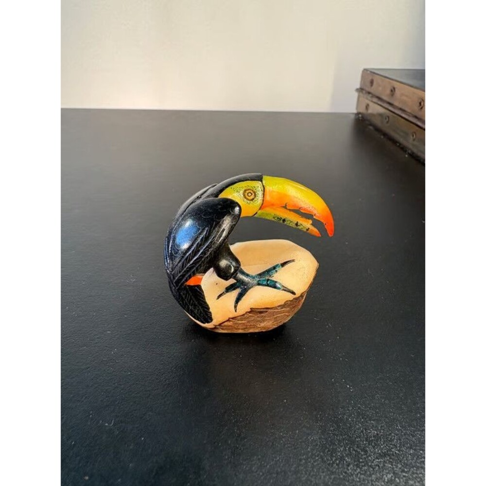 Tagua Nut Toucan Carving Hand Painted Vegetable Ivory South American Folk Art